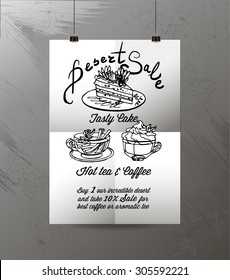 Drawn sweets, cakes, pastries, beautiful advertisement for a sweet cafe menu of the day, good mood, wedding, party, t-shirt, textile