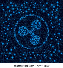 The drawn symbol of crypto currency ripple. It is made in the form of blue lines and lights. Vector illustration