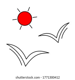 Dibujar símbolo de las gaviotas y el sol. Ilustración vectorial del aislamiento en blanco.