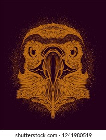 Drawn symbol of hunting. Orange head of eagle on the dark background. Vintage isolated illustration. Sketch for print t shirt, tattoo art, coloring book pages, card.
