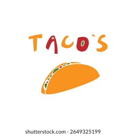 Ilustração de Taco desenhada por Taco. Design vetorial moderno com um tradicional taco mexicano com alface, queijo, carne e casca de tortilha. Perfeito para marca de restaurante