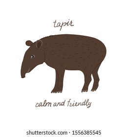 Drawn tapir with text Tapir calm and friendly. Childish tee shirt design.