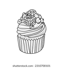 Drawn tasty berry cupcake on white background