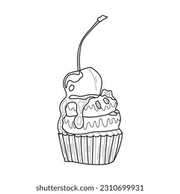 Drawn tasty cupcake with cherry on white background