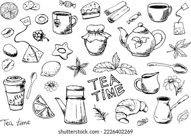 Drawn tea doodle. Tea. Coffee. Food and drinks. Cafe. Dessert. Bakery products. Set of elements for decor. A cup. Kettle. Croissant. Mint. Honey. Lemon.