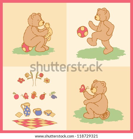 Drawn teddy bear spotted ball and butterfly-isolated pattern, vector, illustration