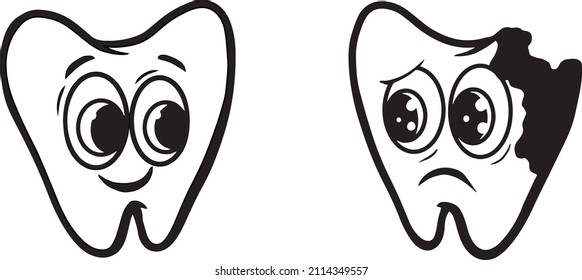 Drawn Teeth, A Healthy Tooth Looks At A Sick Crying Tooth With Caries. Dental Health. World Dentists Day. Children's Dentistry Poster