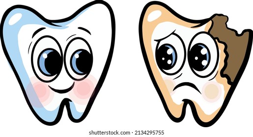 Drawn Teeth, A Healthy Tooth Looks At A Sick Crying Tooth With Caries. Dental Health. World Dentists Day. Children's Dentistry Poster