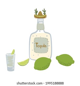 Drawn tequila bottle with sambrero hat, lime. Vector illustration cartoon style 
