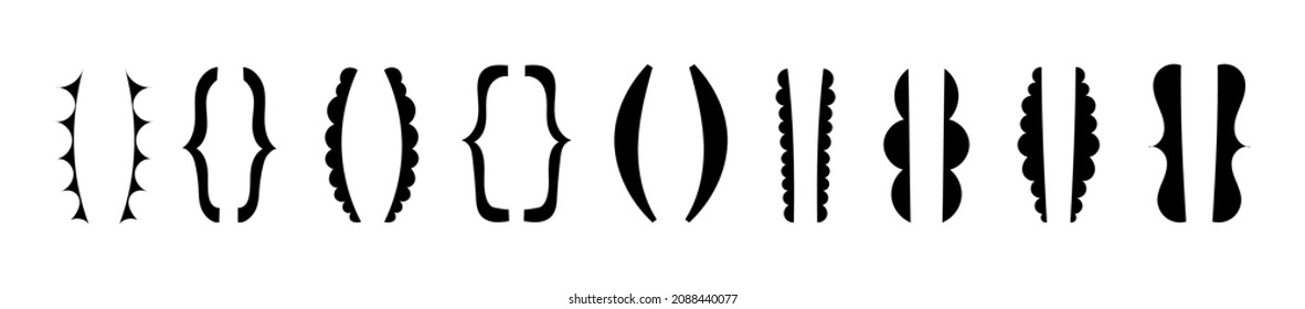 Drawn text brackets. Set of black on white curly braces. Vector illustration of isolated silhouettes of parenthesis. Semicircular and straight frames for text.