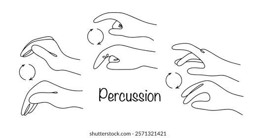 Drawn three basic positions of the doctor's hands to perform percussion. A medical test to evaluate sound changes in the lungs and abdominal cavity, which the doctor performs with his hands. Vector.