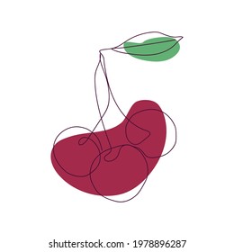 drawn three cherries with a leaf in one line against a background of two spots of maroon and green color on a white background
