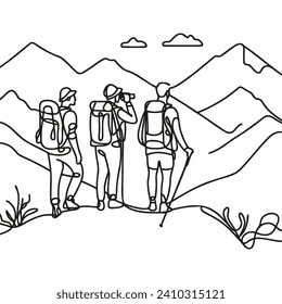 Drawn three guys in the mountains in one line. Vector illustration.