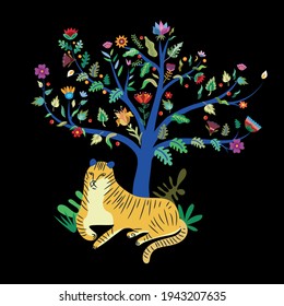 Drawn tiger under a tree on a black background with flowers