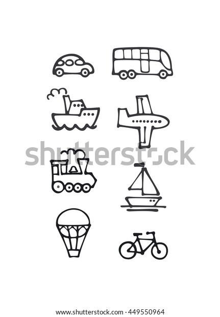 drawn\
tourist transport icons, funny, vector\
illustration