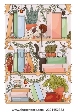 A drawn tracker of books read. Fantasy shelf with books and plants.