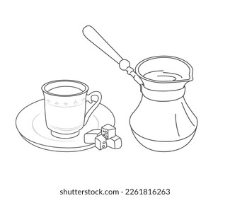 Drawn traditional Turkish coffee pot and cup vector illustration.  Turkish Coffee cup and Turkish delight svg