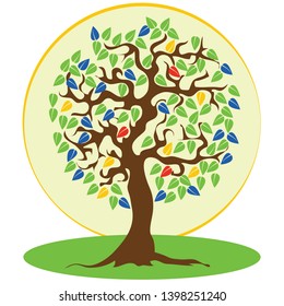Drawn tree with colorful leaves. Vector
