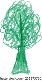 Drawn tree with leaves in green pencil on isolated background