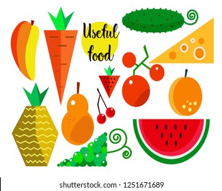 Drawn tropical fruits, vegetables isolated on a white background in a unique trendy organic style. Vector illustration for menu design, packaging, cooking books. Healthy food