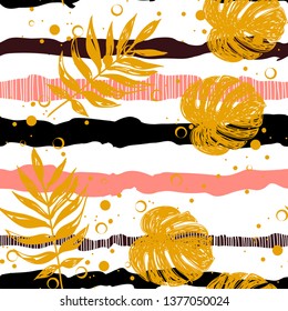Drawn tropical leaves on a striped background seamless pattern. Color stripes with floral print.Textile tropical summer pattern on a white background. Ethnic fabric print with tropical leaves.