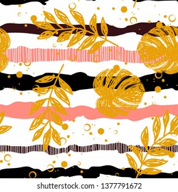 Drawn tropical leaves on a striped background seamless pattern. Color stripes with floral print.Textile tropical summer pattern on a white background. Ethnic fabric print with tropical leaves.
