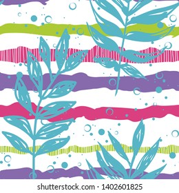 Drawn tropical leaves on a striped background seamless pattern. Color stripes with floral print.Textile tropical summer pattern on a white background. Ethnic fabric print with tropical leaves.