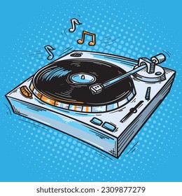 Drawn turntable and musical notes, colorful music design