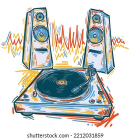 Drawn turntable with speakers, colorful drawn music design