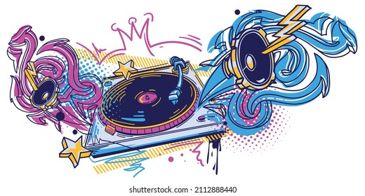 Drawn turntable with speakers and graffiti arrows, colorful funky music design