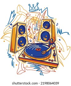 Drawn turntable with speakers and graffiti arrows, colorful funky music design