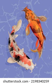 Dibujar dos peces koi, nadar en el agua, tatuarse en la espalda japonés, dibujar la línea de carpa japonesa, colorear la imagen vectorial