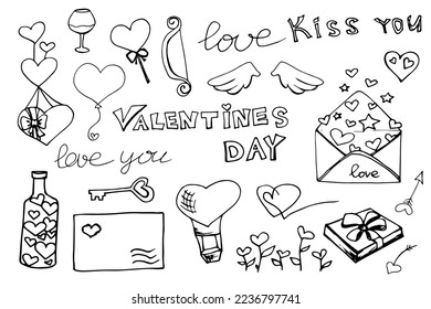 Drawn valentine's day doodle. Set of elements for decoration. Valentine's Day. The 14th of February. Love. Heart. Valentine's Day. Gift.