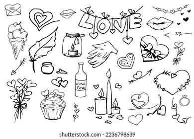 Drawn valentine's day doodle. Set of elements for decoration. Valentine's Day. The 14th of February. Love. Heart. Valentine's Day. Gift.