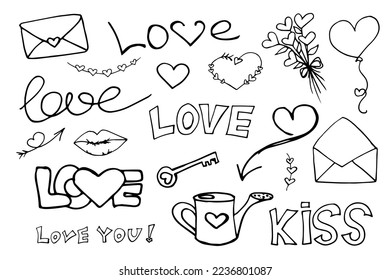 Drawn valentine's day doodle. Set of elements for decoration. Valentine's Day. The 14th of February. Love. Heart. Valentine's Day. Gift.
