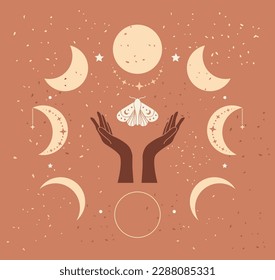 Drawn vector abstract stock flat graphic illustration with exotic logo elements ,human line hand, butterfly, magic moon phase art in simple style for branding ,isolated on beige background