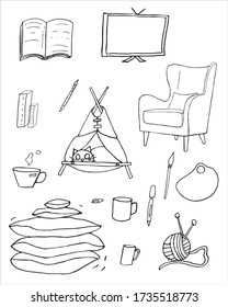 Drawn vector attributes of home interior, comfort, isolated on a white background