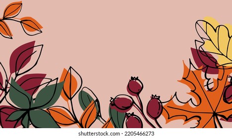 Drawn vector autumn background with leaves. Beige background. Simple autumn leaves. Silhouette. Hello, Autumn. October. November. Maple. Oak. Poster. Banner. Orange. Composition.