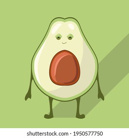 Drawn In Vector Avocado. Green Character With A Cute Face. Cutaway Avocado With Bone. Smiles. Has Handles And Legs