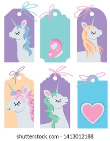 Drawn vector blank labels with cute cartoon style unicorn illustrations on colorful background