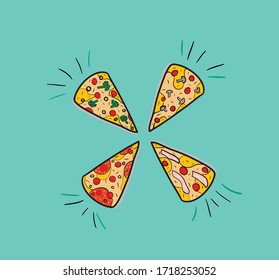 Drawn in vector cartoon slices of pizza with different tastes on a bright background.
