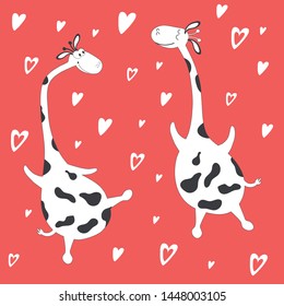 Drawn vector characters Giraffes. Red Background with hearts