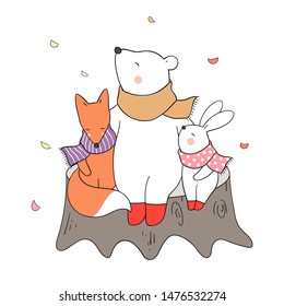 Drawn vector collection bear rabbit and fox hug with love in autumn season.Isolated on white.Doodle cartoon style.