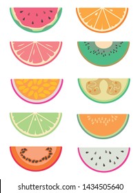 Drawn vector collection set with different exotic fruit slices cut in half like water melon, orange, grapefruit, kiwi, lime, tamarillo, feijoa, dragon fruit, cantaloup Melon, and passion fruit