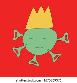 drawn vector coronavirus character covid-19 with golden crown on red background