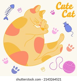 Drawn vector cute cat illustration with decorative elements. Flat style 