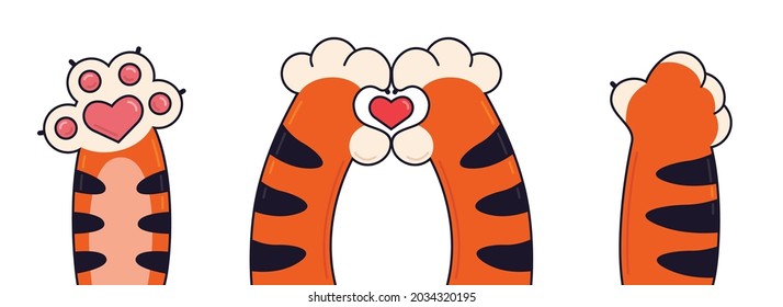 Drawn vector design of cartoon tiger paws with small hearts. The tiger's striped paws show a heart, cartoon funny style.