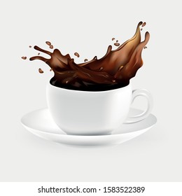 Drawn in vector eps cup of white color with a drink of tea or coffee, beautifully spills out, splashes and splashes. It is on a saucer.