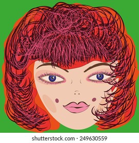 Drawn vector female head bright red hair on a green background.