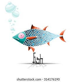 drawn vector fish with colored scales